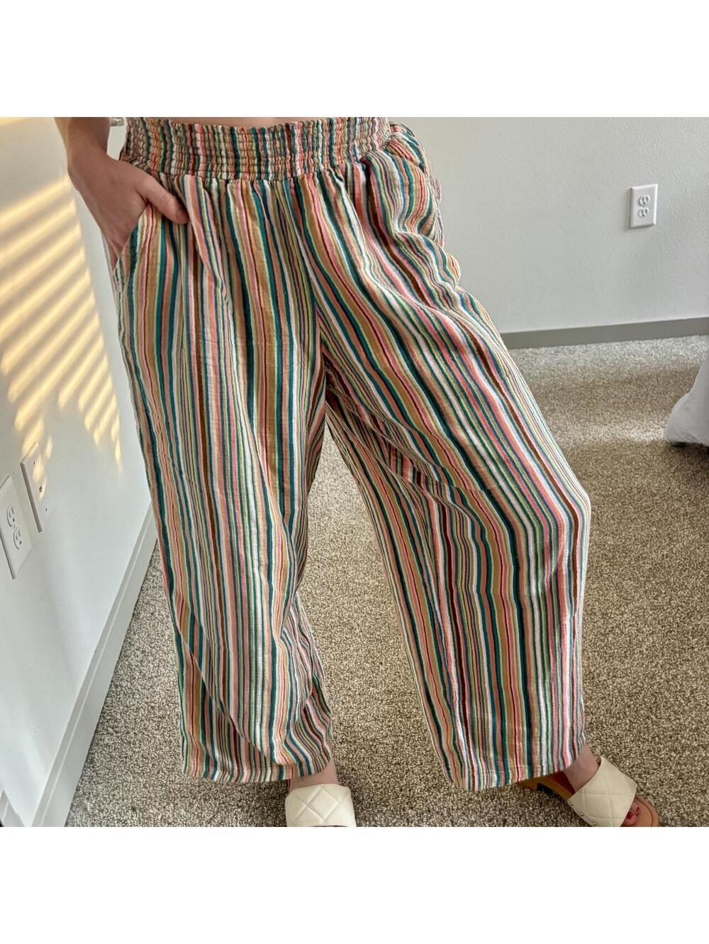 Multicolor Vertical Stripe Linen Blend Wide Leg Beach Lounge Pants Size M